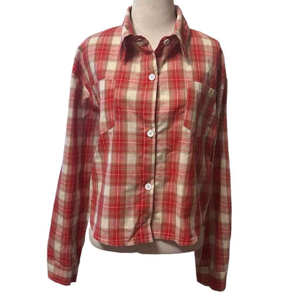 Halara red plaid long sleeve shirt, button down front, new